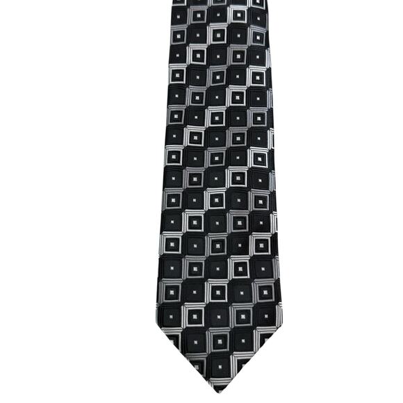 VTG Croft & Barrow Necktie Black Gray Geometric Square All Over Print Mens Tie - Picture 2 of 8